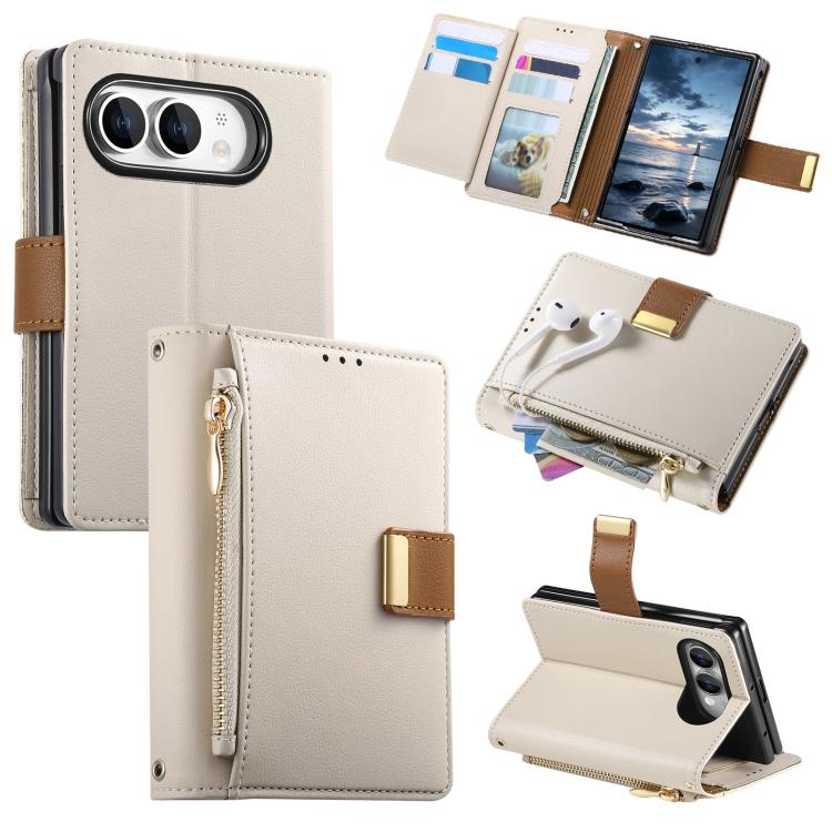 For iPhone Duo Buckle Zipper Wallet Leather Phone Case(Beige)