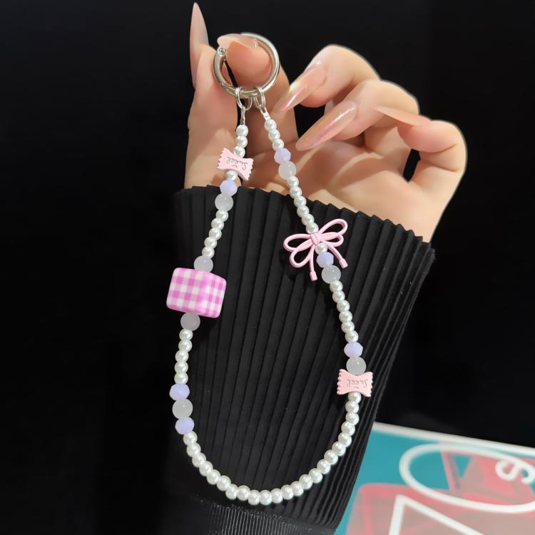 Plaid Sugar Cube Bowknot Pearl Phone Chain(Pink)
