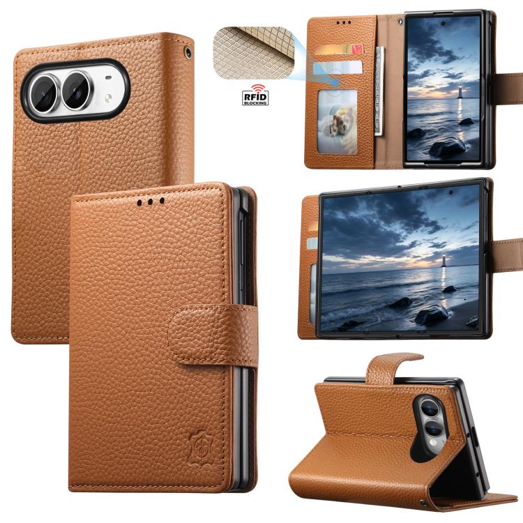 For iPhone Duo Litchi Texture Wallet Genuine Leather Phone Case(Brown)