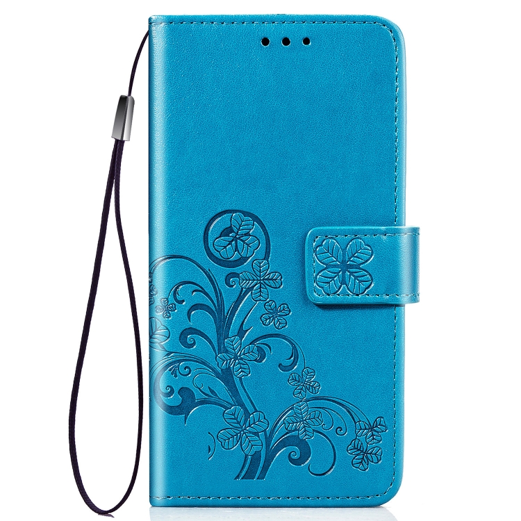 

For iPhone 11 Four-leaf Clasp Embossed Buckle Mobile Phone Protection Leather Case with Lanyard & Card Slot & Wallet & Bracket Function (Blue)