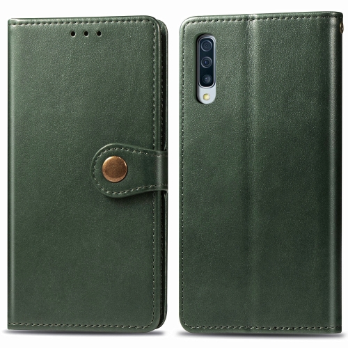 

For Galaxy A30S Retro Solid Color Leather Buckle Phone Case with Lanyard & Photo Frame & Card Slot & Wallet & Stand Function(Green)
