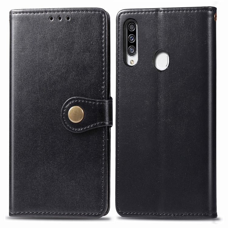 

For Galaxy A20S Retro Solid Color Leather Buckle Phone Case with Lanyard & Photo Frame & Card Slot & Wallet & Stand Function(Black)