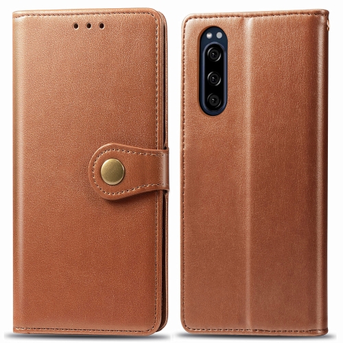 

For Sony Xperia 5 Retro Solid Color Leather Buckle Phone Case with Lanyard & Photo Frame & Card Slot & Wallet & Stand Function(Brown)