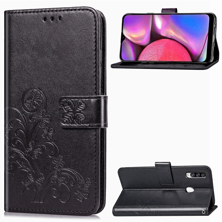 

For Galaxy A20S Four-leaf Clasp Embossed Buckle Mobile Phone Protection Leather Case with Lanyard & Card Slot & Wallet & Bracket Function(Black)