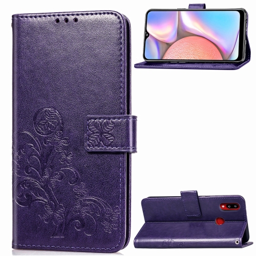 

For Galaxy A10s Four-leaf Clasp Embossed Buckle Mobile Phone Protection Leather Case with Lanyard & Card Slot & Wallet & Bracket Function(Purple)