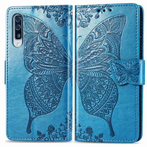 

For Galaxy A30S Butterfly Love Flower Embossed Horizontal Flip Leather Case with Bracket / Card Slot / Wallet / Lanyard(Blue)