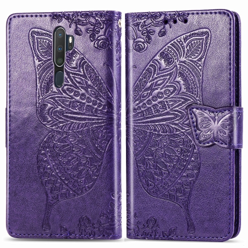 

For OPPO A5 (2020) / A9 (2020) Butterfly Love Flower Embossed Horizontal Flip Leather Case with Bracket Lanyard Card Slot Wallet(Dark Purple)
