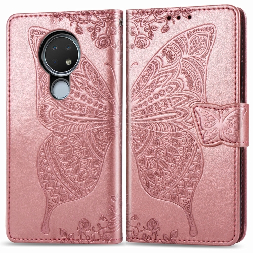 

For Nokia 6.2 / 7.2 Butterfly Love Flower Embossed Horizontal Flip Leather Case with Bracket Lanyard Card Slot Wallet(Rose Gold)