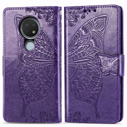 

For Nokia 6.2 / 7.2 Butterfly Love Flower Embossed Horizontal Flip Leather Case with Bracket Lanyard Card Slot Wallet(Dark Purple)