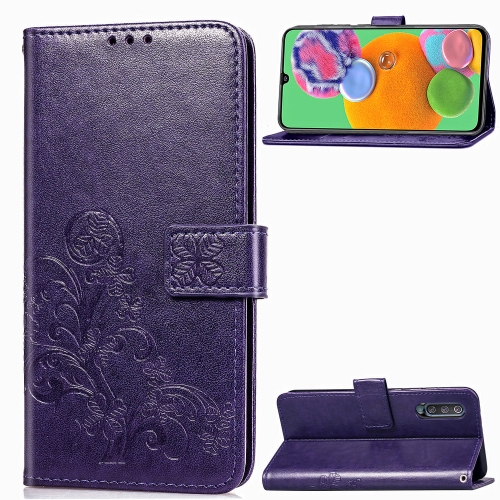 

For Galaxy A90 5G Four-leaf Clasp Embossed Buckle Mobile Phone Protection Leather Case with Lanyard & Card Slot & Wallet & Bracket Function(Purple)