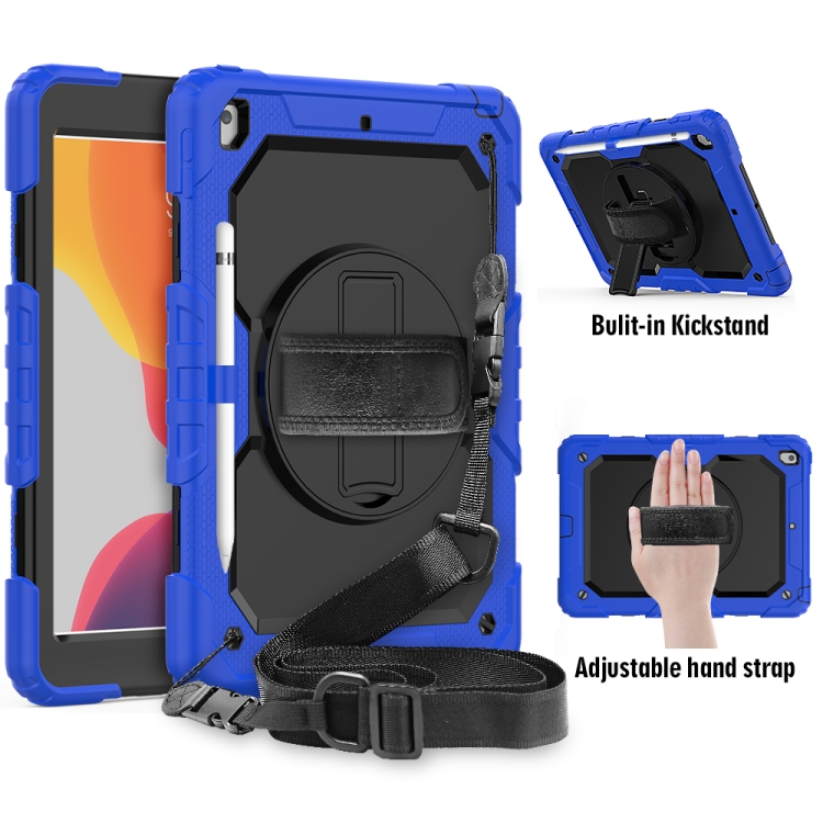 

For iPad 10.2 Shockproof Colorful Silica Gel + PC Protective Case with Holder & Shoulder Strap & Hand Strap & Pen Slot(Blue)
