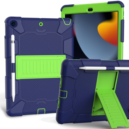 

For iPad 10.2 Shockproof Two-Color Silicone Protection Case with Holder & Pen Slot(Dark Blue+Green)