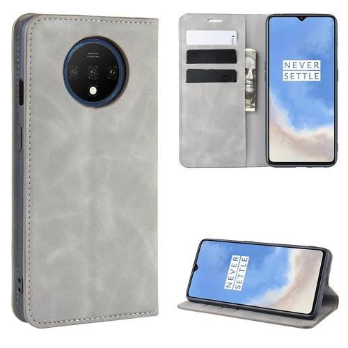 

For OnePlus 7T Retro-skin Business Magnetic Suction Leather Case with Purse-Bracket-Chuck(Grey)