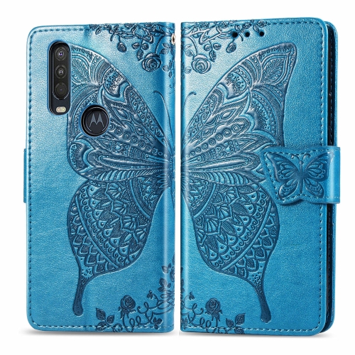 

For Motorola One Action Butterfly Love Flower Embossed Horizontal Flip Leather Case with Bracket Lanyard Card Slot Wallet(Blue)