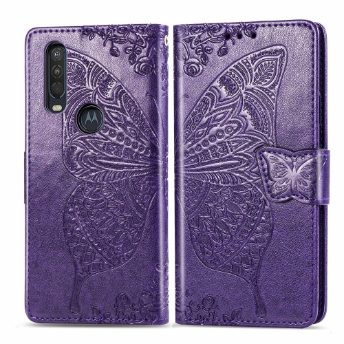 

For Motorola One Action Butterfly Love Flower Embossed Horizontal Flip Leather Case with Bracket Lanyard Card Slot Wallet(Dark Purple)