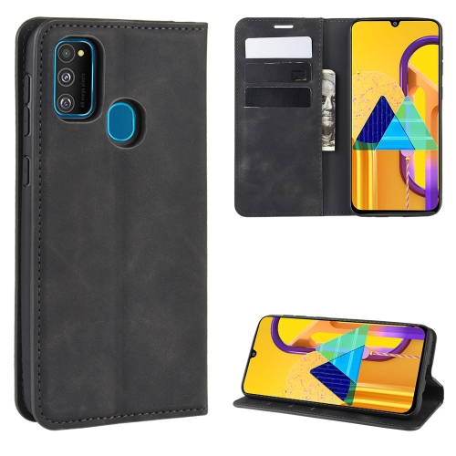 

For Galaxy M30s Retro-skin Business Magnetic Suction Leather Case with Holder & Card Slots & Wallet(Black)