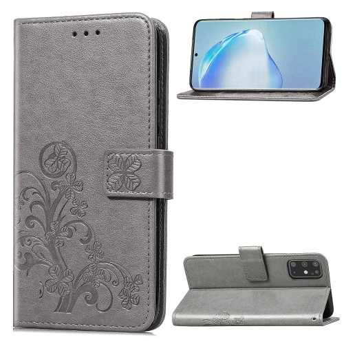 

For Galaxy S20+ Four-leaf Clasp Embossed Buckle Mobile Phone Protection Leather Case with Lanyard & Card Slot & Wallet & Bracket Function(Gray)