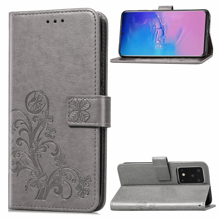 

For Galaxy S20 Ultra Four-leaf Clasp Embossed Buckle Mobile Phone Protection Leather Case with Lanyard & Card Slot & Wallet & Bracket Function(Gray)