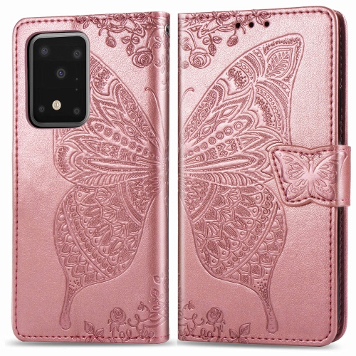 

For Galaxy S20 Ultra Butterfly Love Flowers Embossing Horizontal Flip Leather Case with Holder & Card Slots & Wallet & Lanyard(Rose Gold)