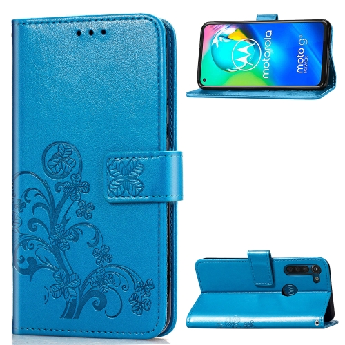 

For Moto G8 Power Four-leaf Clasp Embossed Buckle Mobile Phone Protection Leather Case with Lanyard & Card Slot & Wallet & Bracket Function(Blue)