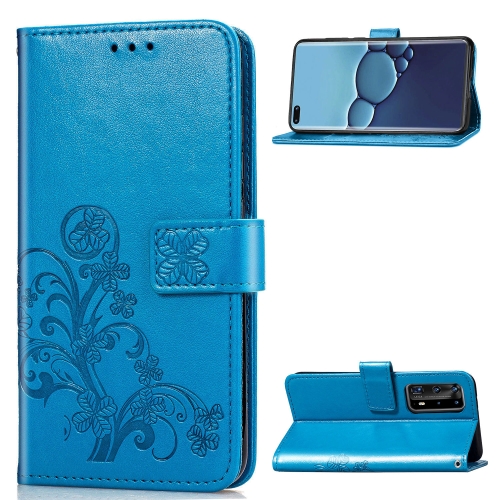 

For Huawei P40 Pro Four-leaf Clasp Embossed Buckle Mobile Phone Protection Leather Case with Lanyard & Card Slot & Wallet & Bracket Function(Blue)