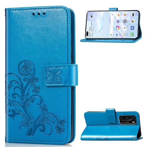 

For Huawei P40 Four-leaf Clasp Embossed Buckle Mobile Phone Protection Leather Case with Lanyard & Card Slot & Wallet & Bracket Function(Blue)