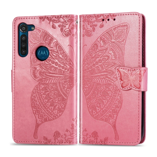 

For Moto G8 Power Butterfly Love Flower Embossed Horizontal Flip Leather Case with Bracket / Card Slot / Wallet / Lanyard(Pink)