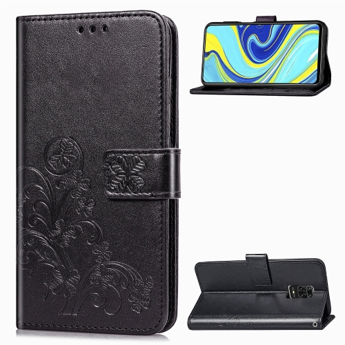 

For Xiaomi Redmi Note 9S / Note 9 Pro/ Note 9 Pro Max Four-leaf Clasp Embossed Buckle PU Leather Case with Lanyard & Card Slot & Wallet & Holder(Black)