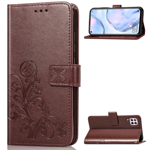 

For Huawei P40 Lite / Nova 6 SE / Nova 7i Four-leaf Clasp Embossed Buckle PU Leather Case with Lanyard & Card Slot & Wallet & Holder(Brown)