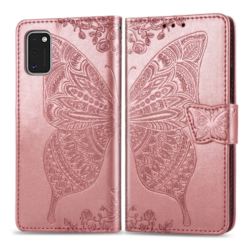 

For Galaxy A41 Butterfly Love Flower Embossed Horizontal Flip Leather Case with Bracket / Card Slot / Wallet / Lanyard(Rsoe Gold)