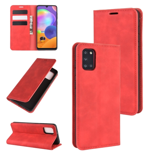 

For Galaxy A31 Retro-skin Business Magnetic Suction Leather Case with Holder & Card Slots & Wallet(Red)