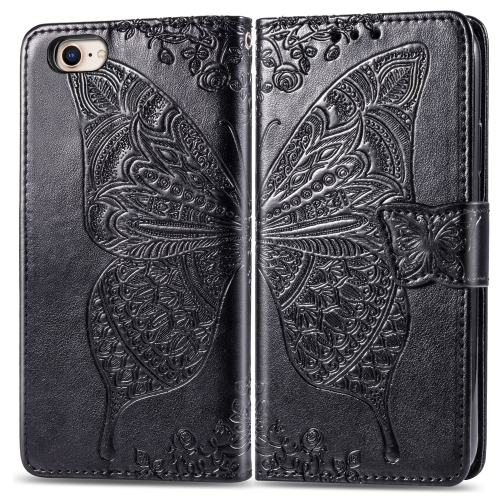 

For iPhone SE 2022 / SE 2020 Butterfly Love Flower Embossed Horizontal Flip Leather Case with Bracket / Card Slot / Wallet / Lanyard(Black)