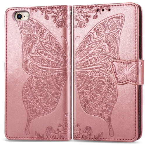 

For iPhone SE 2022 / SE 2020 Butterfly Love Flower Embossed Horizontal Flip Leather Case with Bracket / Card Slot / Wallet / Lanyard(Rose Gold)