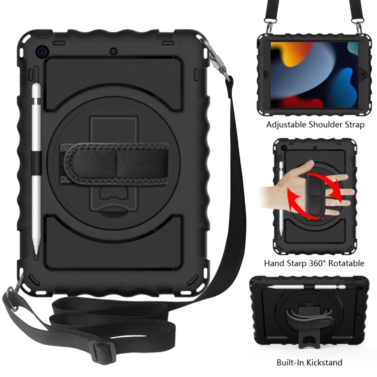 

For iPad 10.2 360 Degree Rotating Case with Pencil Holder, Kickstand Shockproof Heavy Duty with Shoulder Strap,Hand Strap(Black)