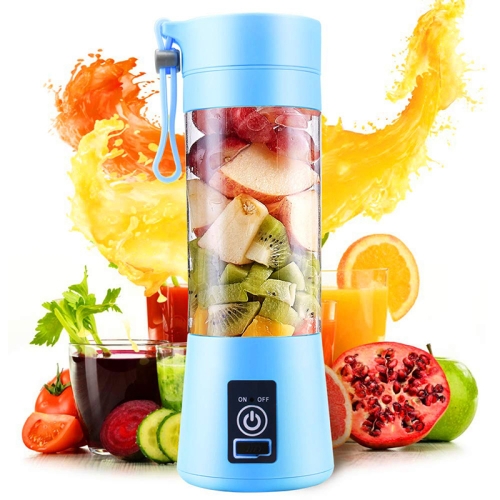

USB Rechargeable Electric Automatic Vegetable Fruit Citrus Orange Juice Maker Cup Mixer Bottle (380ML)(4 Blades Blue)