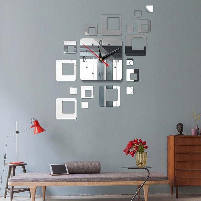 

Home Mirror Surface Sticker Home Office Decorative Mirrors 3D Stereo Clock Acrylic Mirror Clock Block Combination Clock(Mirror Silver)
