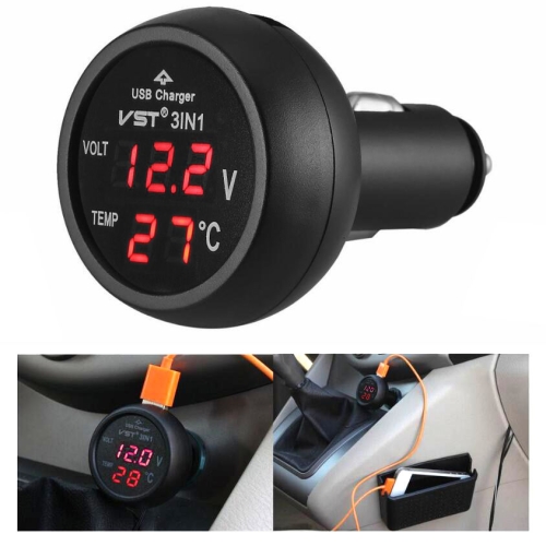 

3 In 1 Car USB Charger Car Cigarette Lighter With Voltage Detection Display Multi-function Monitoring Table(Red)