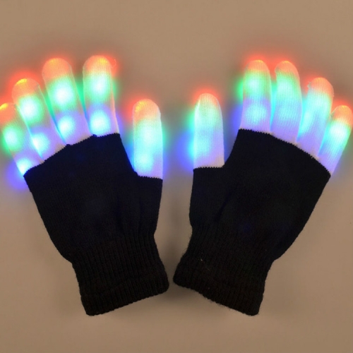 LED七彩發光表演手套兒童手套，一雙，適合年齡:10歲左右（黑色）