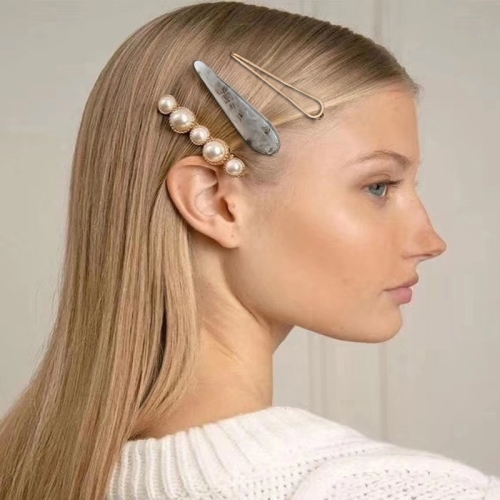 Women Metal Pearl Marble Hair Clip Combination Hair Styling Accessories(grey )