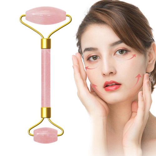 ลูกกลิ้งนวดหัวคู่ Natural Rose Crystal Quartz Jade Stone Anti Cellulite Wrinkle Facial Body Beauty Health Tool (สีชมพู)