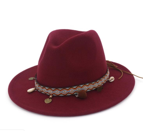 

Women Jazz Caps Bohemia Style Woolen Hats for Spring Summer Beach(Red wine)