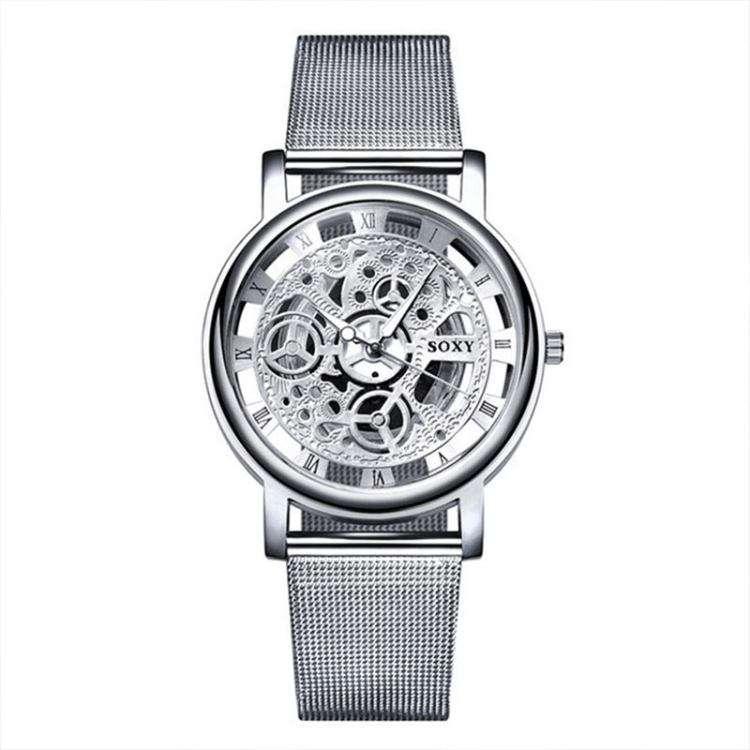 

SOXY Fashion Business Skeleton Watch Men Engraving Hollow Quartz Wristwatch Stainless Steel Band Clock(silver)