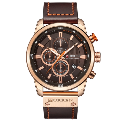 

CURREN M8291 Chronograph Watches Casual Leather Watch for Men(Rose case coffee face)