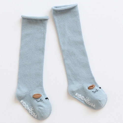 秋冬寶寶長筒襪卷邊鬆口兒童卡通防滑學步襪，尺碼:S（藍色貓咪）