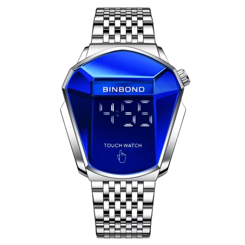 BINBOND Locomotive Concept Touch Screen Steel Belt Watch Men Live Black Technology Watch(White Steel Blue)