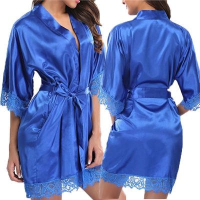 Half Sleeve Robe Women Faux Silk Pajama Sexy Night Dress, Size:L(Blue)