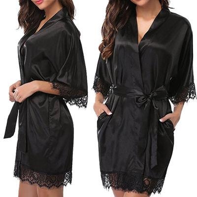 Half Sleeve Robe Women Faux Silk Pajama Sexy Night Dress, Size:XL(Black)