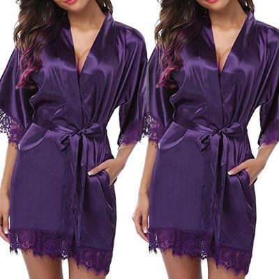 Half Sleeve Robe Women Faux Silk Pajama Sexy Night Dress, Size:XL(Purple)