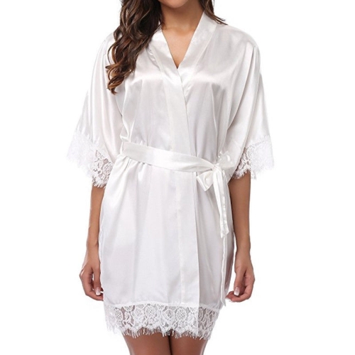 Half Sleeve Robe Women Faux Silk Pajama Sexy Night Dress, Size:XL(White)