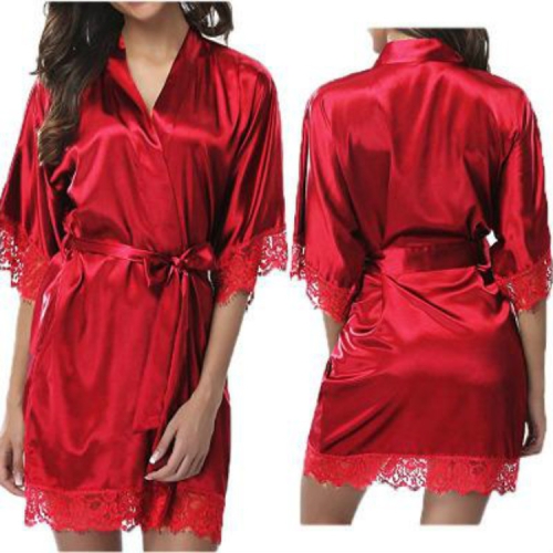 Half Sleeve Robe Women Faux Silk Pajama Sexy Night Dress, Size:XXL(Red)